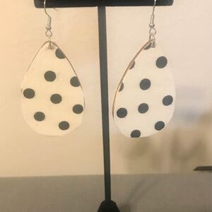 Large Teardrop Wooden Earrings Polka Dots White Black Handmade